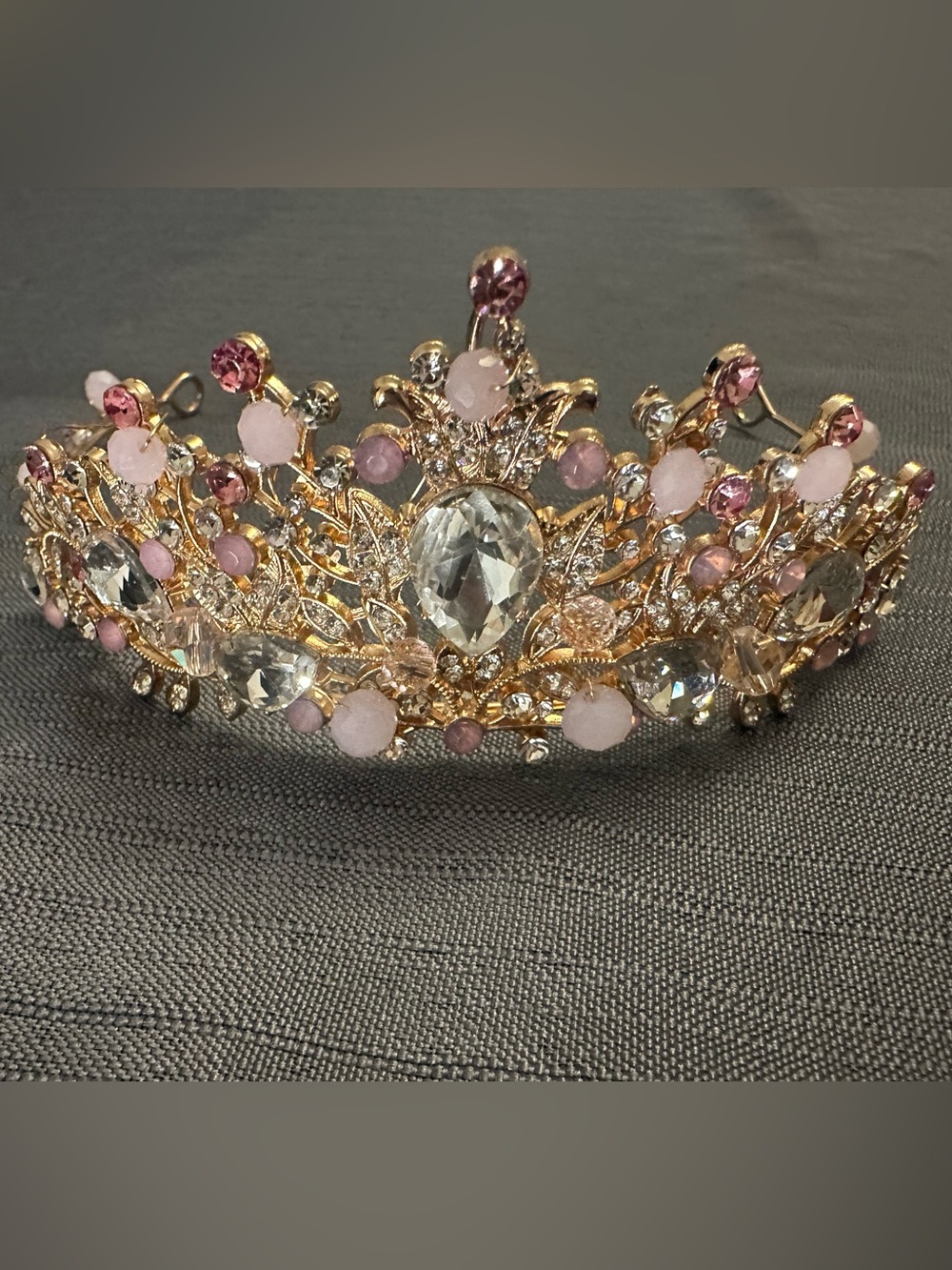 Gold Colour Metal Tiara Hair Crown with Pink and Clear Stones